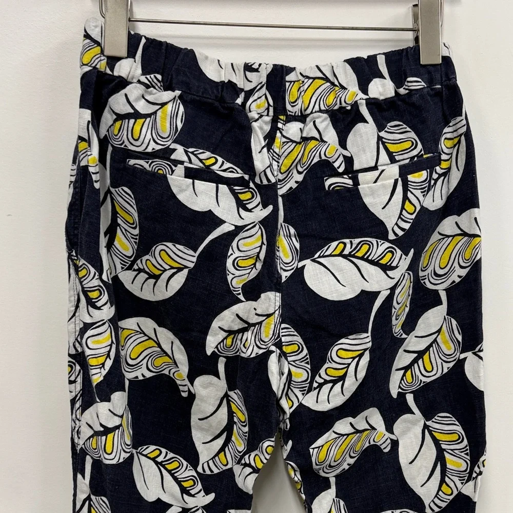 J.Crew Seaside pant in a navy blue, white, and yellow leaf print linen blend 2